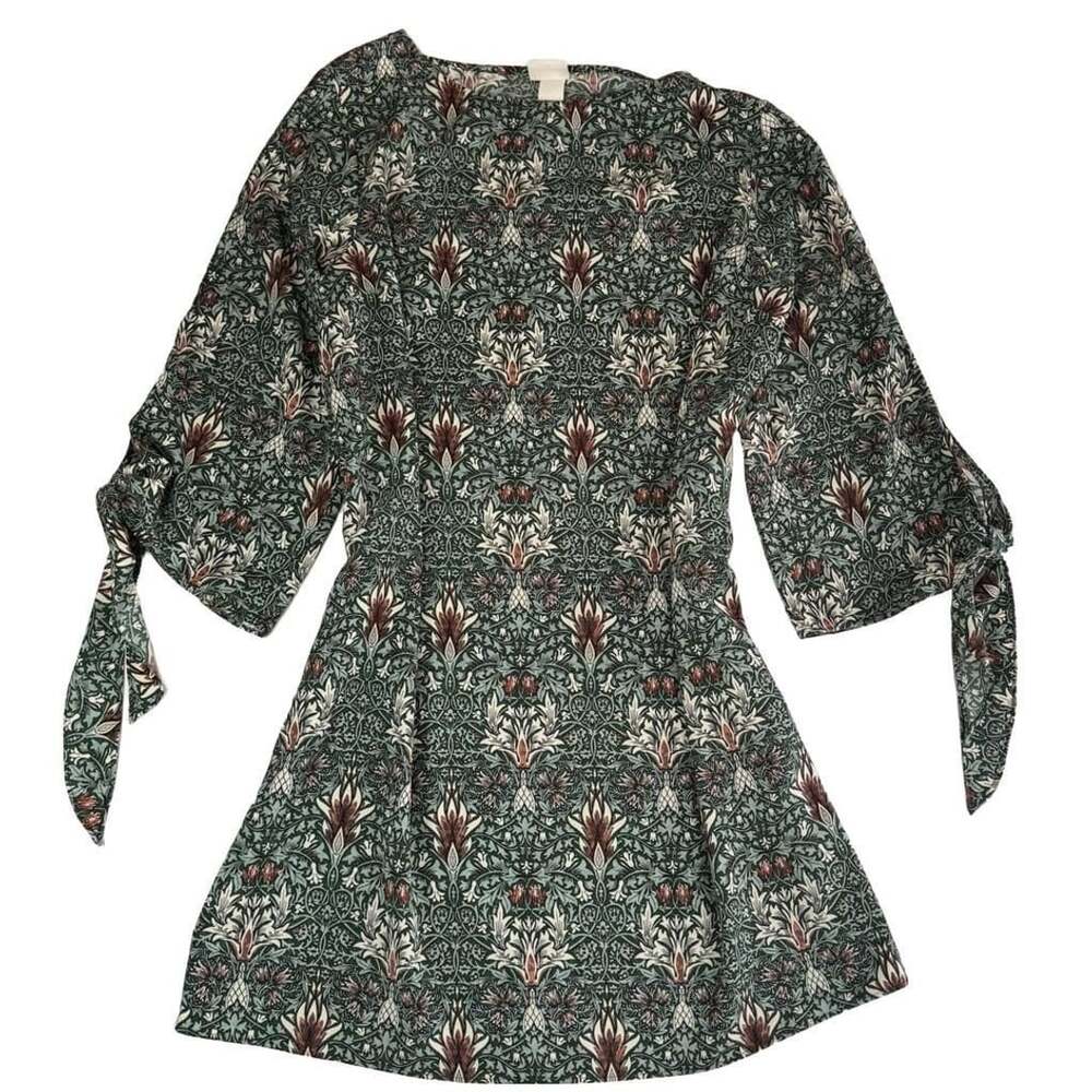H&M x Morris Co Womens Green Brown Floral Print Dress Tie 3/4 Sleeve Shift Sz 2